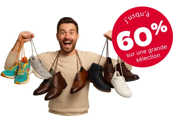 Homme heureux avec chaussures en soldes.