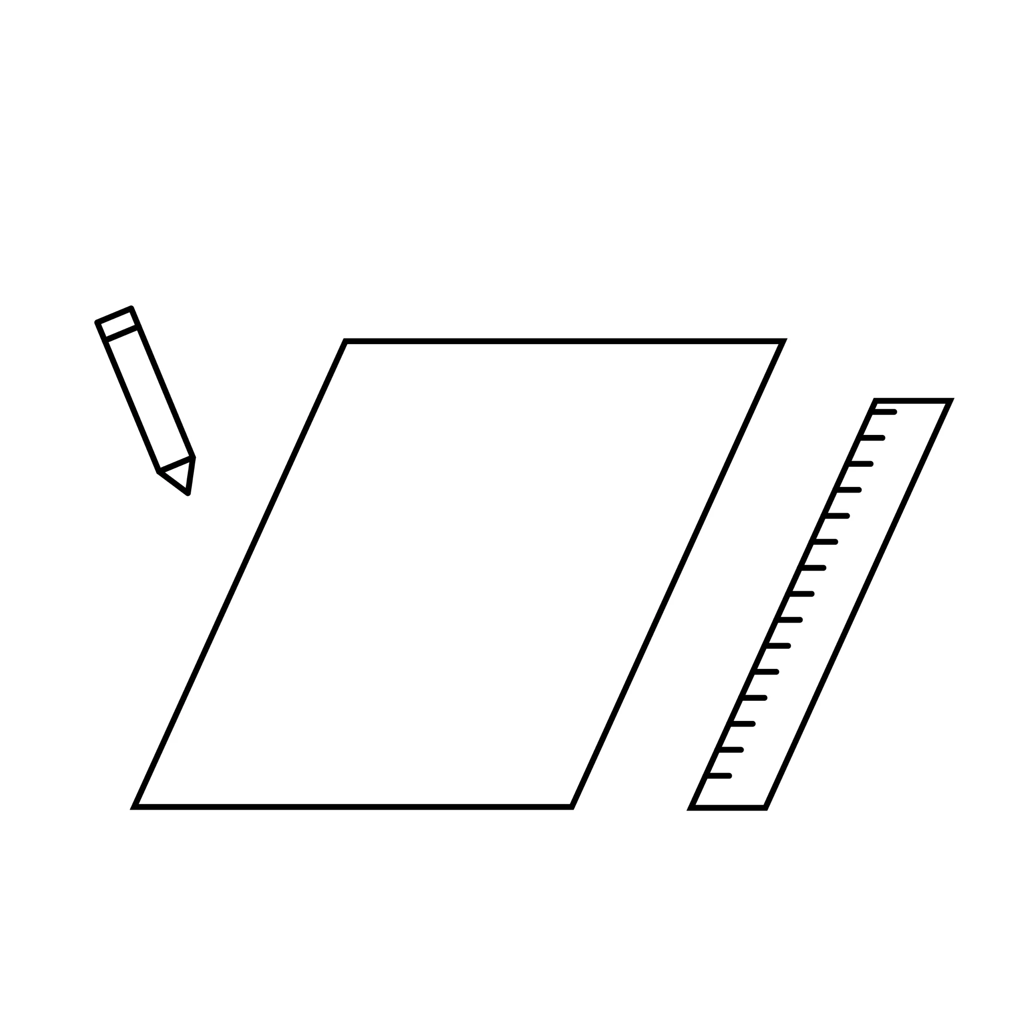 Crayon, règle et bloc-notes sur fond blanc.